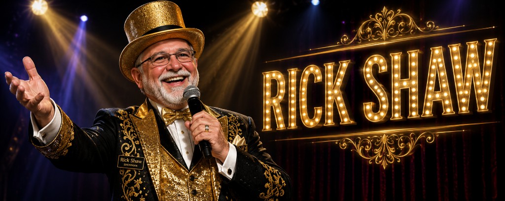 Rick Shaw on stage in gold showman's dress, holding a microphone beside an illuminated Rick Shaw marquee.